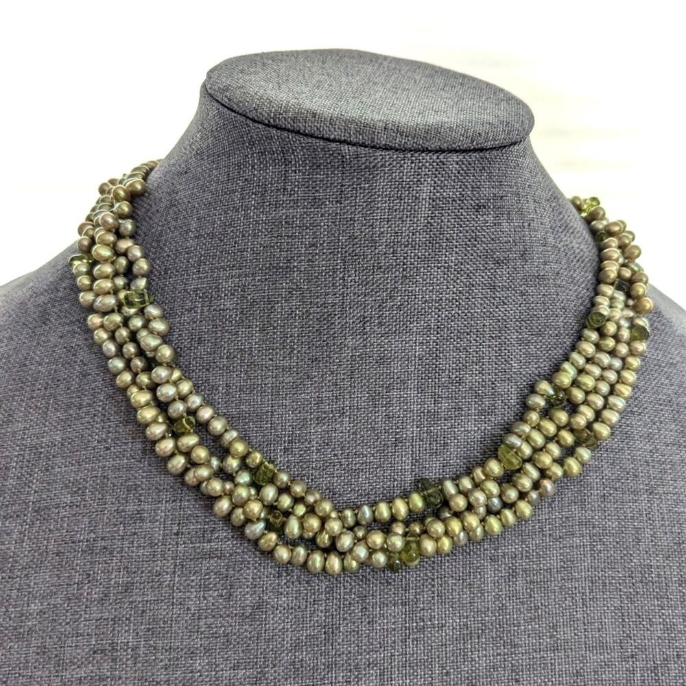 Vintage Multi Strand Green Gemstone Pearl Twisted Sterling Silver Clasp Necklace
